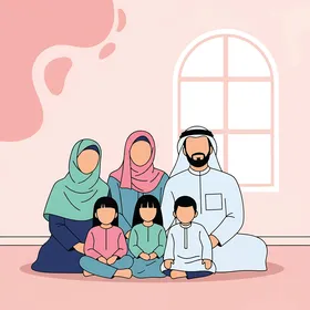 The feeling of the warmth of family, an illustration of an Emirati Gulf Arab family sitting at home, spending enjoyable and entertaining time together.