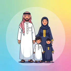 The feeling of the warmth of family, an illustration of a Saudi Gulf Arab family looking at the camera with gestures of joy, spending enjoyable and entertaining time with the family, colorful background.