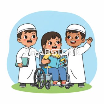 رسم توضيحي لأطفال عرب خليجيون سعوديون مبتسمون مع فتاة على كرسي متحرك تقرأ كتاب، مفهوم التعليم والدمج بين الاولاد