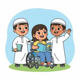 رسم توضيحي لأطفال عرب خليجيون سعوديون مبتسمون مع فتاة على كرسي متحرك تقرأ كتاب، مفهوم التعليم والدمج بين الاولاد