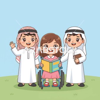 رسم توضيحي لأطفال عرب خليجيون سعوديون مبتسمون مع فتاة على كرسي متحرك تقرأ كتاب، مفهوم التعليم والدمج بين الاولاد