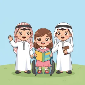 An illustration of smiling Saudi Gulf Arab children with a girl in a wheelchair reading a book, the concept of education and inclusion among children.