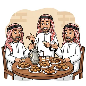 مشاركة المشروبات الساخنة، رسم كاريكاتوري لرجال عرب خليجيون سعوديون يجلسون حول مائدة قهوة عربية وحلويات تقليدية، تناول الحلوى اللذيذة