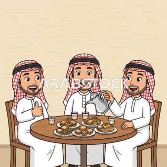 مشاركة المشروبات الساخنة، رسم كاريكاتوري لرجال عرب خليجيون سعوديون يجلسون حول مائدة قهوة عربية وحلويات تقليدية، تناول الحلوى اللذيذة