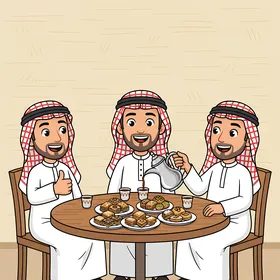 مشاركة المشروبات الساخنة، رسم كاريكاتوري لرجال عرب خليجيون سعوديون يجلسون حول مائدة قهوة عربية وحلويات تقليدية، تناول الحلوى اللذيذة