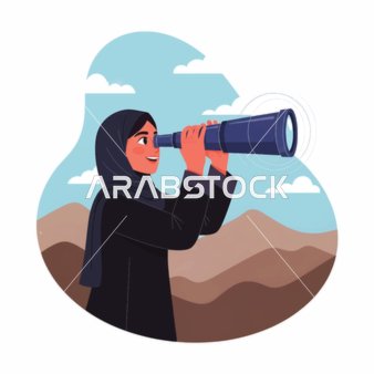 مفهوم البحث والاستكشاف، امرأة عربية خليجية إماراتية محجبة تحمل تلسكوب، تخيل مستقبل مشرق وسط منظر طبيعي، التطلع إلى الطموح والتقدم، خلفية صحراوية.