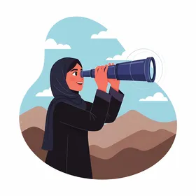 The concept of research and exploration, a Gulf Arab Emirati woman in a hijab holding a telescope, imagining a bright future amidst a natural landscape, aspiring for ambition and progress, with a desert background.