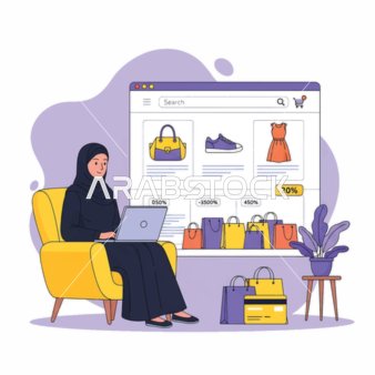 امرأة عربية خليجية سعودية ترتدي الزي التقليدي تقوم بالتسوق عبر الإنترنت ، تصفح اخر صيحات الموضة والازياء على الحاسوب المحمول