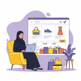 امرأة عربية خليجية سعودية ترتدي الزي التقليدي تقوم بالتسوق عبر الإنترنت ، تصفح اخر صيحات الموضة والازياء على الحاسوب المحمول