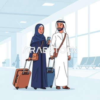 مفهوم السياحة والسفر، قضاء وقت ممتع مع العائلة، زوجان عربيان خليجيان سعوديان سعيدان يرتديان الزي التقليدي يستعدان لرحلتهما الجوية في صالة المطار.