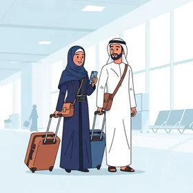 مفهوم السياحة والسفر، قضاء وقت ممتع مع العائلة، زوجان عربيان خليجيان سعوديان سعيدان يرتديان الزي التقليدي يستعدان لرحلتهما الجوية في صالة المطار.