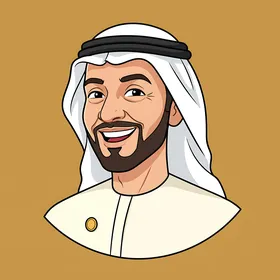 Elegance and attention to appearance, an Arab Gulf Emirati man wearing traditional attire looking at the camera with gestures of joy and happiness, beige background.