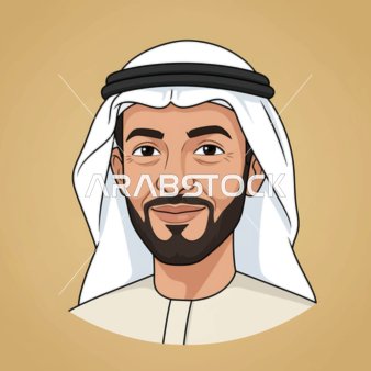 Elegance and attention to appearance, an Arab Gulf Emirati man wearing traditional attire looking at the camera with gestures of joy and happiness, beige background.