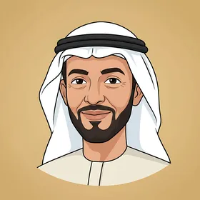Elegance and attention to appearance, an Arab Gulf Emirati man wearing traditional attire looking at the camera with gestures of joy and happiness, beige background.
