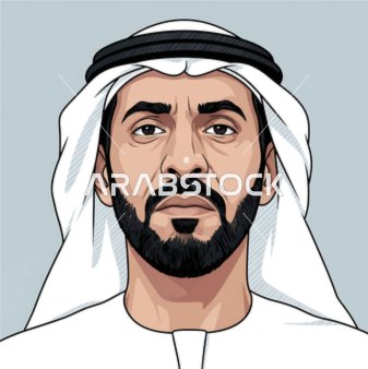 Elegance and attention to appearance, an Arab Gulf Emirati man wearing traditional attire looking at the camera with serious gestures, white background.
