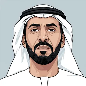 Elegance and attention to appearance, an Arab Gulf Emirati man wearing traditional attire looking at the camera with serious gestures, white background.