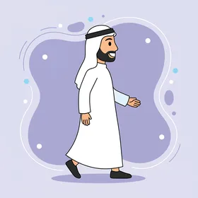 الاناقة والاهتمام بالمظهر الخارجي، رسم توضيحي لرجل عربي خليجي اماراتي يرتدي الزي التقليدي يقوم بالمشي في احدى الاماكن