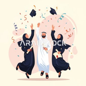 السعادة والسرور بالاحتفال بالتخرج، طلاب عرب خليجيون سعوديون يرتدون الزي التقليدي يقوم برمي قبعات التخرج، مفهوج التخرج والنجاح في الجامعة