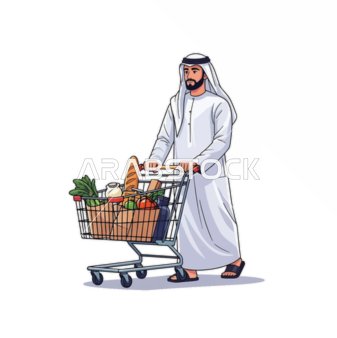 شراء الاغراض ولوازم المنزل من السوبر ماركت، رسم توضيحي لرجل عربي خليجي سعودي يرتدي الثوب والغترة التقليديين ويقوم بجر عربة التسوق في المركز التجاري.