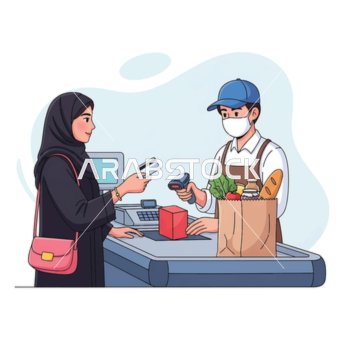 شراء الاغراض ولوازم المنزل من السوبر ماركت، امرأة عربية خليجية سعودية محجبة تقوم بدفع ثمن مشترياتها ببطاقتها الائتمانية عند صندوق الدفع في السوبر ماركت، موظف يرتدي كمامة.