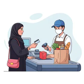 شراء الاغراض ولوازم المنزل من السوبر ماركت، امرأة عربية خليجية سعودية محجبة تقوم بدفع ثمن مشترياتها ببطاقتها الائتمانية عند صندوق الدفع في السوبر ماركت، موظف يرتدي كمامة.