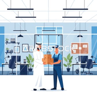 Delivery of needs and requests, a delivery service worker is handing over a package to a customer wearing traditional Arab clothing inside a modern company, offices, and Saudi companies.