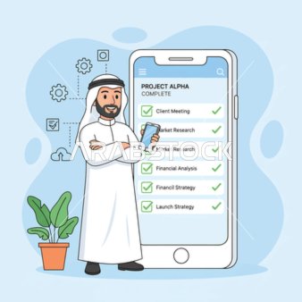 استخدام جهاز تقني حديث ومتطور، رجل أعمال عربي خليجي اماراتي يرتدي الزي التقليدي، ادارة المهام اليومية على الهاتف الذكي