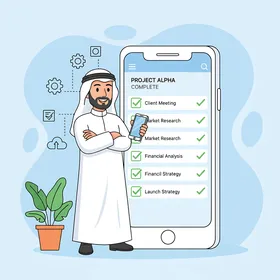 استخدام جهاز تقني حديث ومتطور، رجل أعمال عربي خليجي اماراتي يرتدي الزي التقليدي، ادارة المهام اليومية على الهاتف الذكي