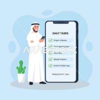 استخدام جهاز تقني حديث ومتطور، رجل أعمال عربي خليجي اماراتي يرتدي الزي التقليدي، ادارة المهام اليومية على الهاتف الذكي