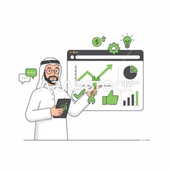 Digital data analysis, a Saudi Gulf Arab businessman analyzes website performance data, fixes technical SEO issues, and improves online visibility for business growth.
