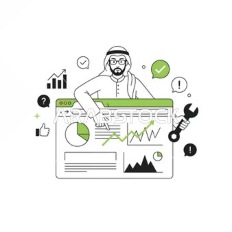 تحليل البيانات الرقمية، رجل أعمال عربي خليجي سعودي يقوم بتحليل بيانات أداء الموقع، إصلاح مشكلات تحسين محركات البحث التقنية، تحسين الرؤية عبر الإنترنت لنمو الأعمال.
