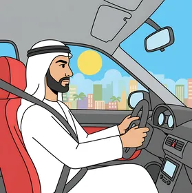 مفهوم الاناقة والاهتمام بالمظهر الخارجي، رسم توضيحي لرجل عربي يرتدي الزي التقليدي الأبيض يقوم بقيادة سيارة، استخدام وسيلة نقل