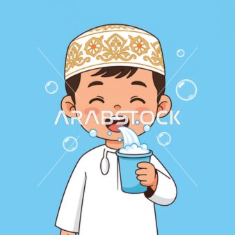 تعليم الابناء المحافظة على النظافة الشخصية، رسم توضيحي لطفل عربي خليجي سعودي يرتدي الزي التقليدي يقوم بغسل وجهه بالصابون ، خلفية زرقاء