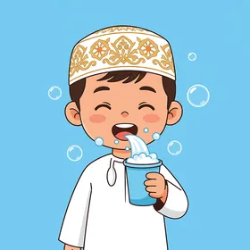 تعليم الابناء المحافظة على النظافة الشخصية، رسم توضيحي لطفل عربي خليجي سعودي يرتدي الزي التقليدي يقوم بغسل وجهه بالصابون ، خلفية زرقاء