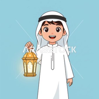 Decorations and accessories for the blessed month of Ramadan, an illustration of an Arab Gulf Saudi child wearing traditional attire holding a golden metal lantern in his hand, with a blue background.