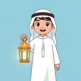 Decorations and accessories for the blessed month of Ramadan, an illustration of an Arab Gulf Saudi child wearing traditional attire holding a golden metal lantern in his hand, with a blue background.