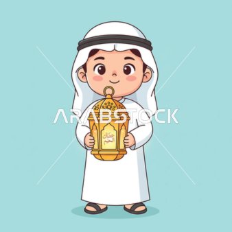 Decorations and accessories for the blessed month of Ramadan, an illustration of an Arab Gulf Saudi child wearing traditional attire holding a golden metal lantern in his hand, with a blue background.