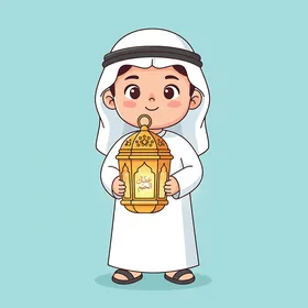 Decorations and accessories for the blessed month of Ramadan, an illustration of an Arab Gulf Saudi child wearing traditional attire holding a golden metal lantern in his hand, with a blue background.