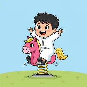 اللعب والمرح في الحديقة، رسم توضيحي لطفل عربي خليجي سعودي يرتدي الزي التقليدي يقوم باللعب على حضان بلاستيكي، خلفية زرقاء