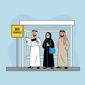 انتظار وسائل النقل، أشخاص عرب خليجيون سعوديون ينتظرون الحافلة في محطة حافلات ، الذهاب الى مواعيد العمل