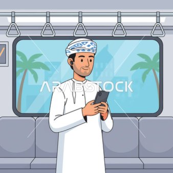 Going to work by train, an Arab Gulf Omani man wearing traditional attire is using a mobile phone, utilizing a modern and advanced technological means.