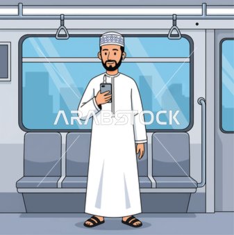 الذهاب الى العمل في القطار، رجل عربي خليجي عماني يرتدي الزي التقليدي يقوم باستخدام الهاتف المحمول، استخدام وسيلة تقنية حديثة ومتطورة