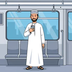 الذهاب الى العمل في القطار، رجل عربي خليجي عماني يرتدي الزي التقليدي يقوم باستخدام الهاتف المحمول، استخدام وسيلة تقنية حديثة ومتطورة