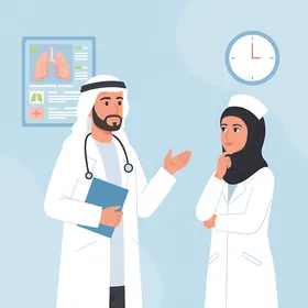 The concept of medicine and healthcare, Gulf Arab Saudi doctors wearing medical attire discussing patient care and medical diagnosis in the clinic.