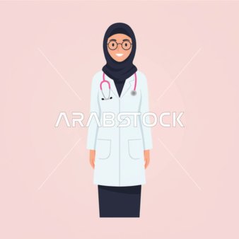 مفهوم الطب والرعاية الصحية، طبيبة عربية خليجية سعودية مبتسمة ترتدي الحجاب ووالزي الطبي وسماعة الطبيب، الجاهزية والاستعداد للمساعدة، خلفية بنفسجية.