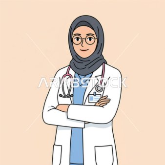 مفهوم الطب والرعاية الصحية، طبيبة عربية خليجية سعودية مبتسمة ترتدي الحجاب ووالزي الطبي وسماعة الطبيب، الجاهزية والاستعداد للمساعدة، خلفية زهري.