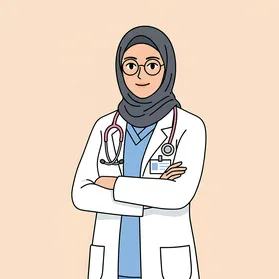 مفهوم الطب والرعاية الصحية، طبيبة عربية خليجية سعودية مبتسمة ترتدي الحجاب ووالزي الطبي وسماعة الطبيب، الجاهزية والاستعداد للمساعدة، خلفية زهري.