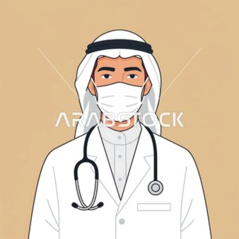 مفهوم الطب والرعاية الصحية، طبيب عربي خليجي سعودي يرتدي الزي الطبي وسماعة الطبيب، الجاهزية والاستعداد للمساعدة، خلفية زهري.