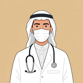 The concept of medicine and healthcare, an Arab Gulf Saudi doctor wearing medical attire and a stethoscope, readiness and preparedness to help, pink background.