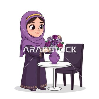 Home decoration interest, an illustration of a Saudi Gulf Arab woman in a hijab placing a bouquet of flowers in a vase, cartoon illustration.